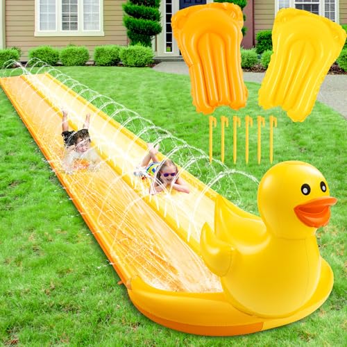 Foilswirl Rutsch-Wasserrutsche, doppelspurig, Rasenwasserrutsche mit 2 Bodyboards und Sprinkler, aufblasbare Sommerrutsche, robuste Wasserrutsche für Erwachsene, Outdoor, Hinterhof, Wasser (Ente) von Foilswirl