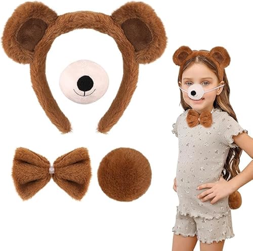 Fokroin 4 Stück Karneval Bärenohren Set， Verkleidungsset Bär, Haarreif mit Ohren und Schwanz, braun, Tier, Motto-Party, Karneval， für Halloween Bärenohren Cosplay von Fokroin