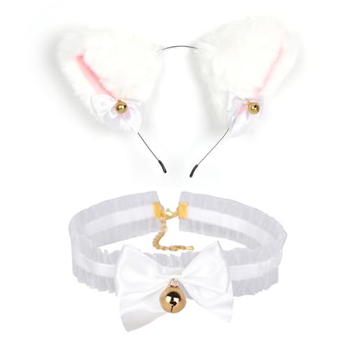 Fokroin Katzenohren Haarreif, Katze Cosplay Set mit Glöckchen Halskette, Halloween Stirnband, Cosplay, für Kinder Und Erwachsene Katzenohren Zubehör für Kostümpartys für Halloween Karneval von Fokroin
