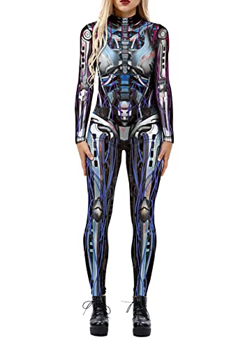 Foksikely Damen 3D Mechanischer Roboter Skelett Druck Halloween Jumpsuit Strampler Cosplay Kostüm, Blue-line, Large von Foksikely
