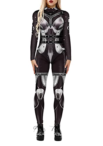Foksikely Damen 3D Mechanischer Roboter Skelett Druck Halloween Jumpsuit Strampler Cosplay Kostüm, Kaffee, S von Foksikely