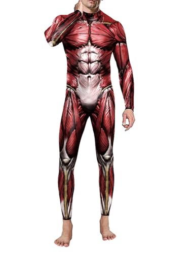 Foksikely Lustiges Halloween-Kostüm für Herren, Muskel-Skelett, 3D-Druck, Cosplay, Overall, Bodysuit, Rot, Größe S von Foksikely