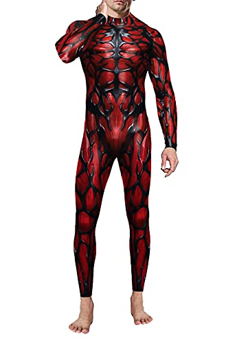 Foksikely Lustiges Halloween-Kostüm für Herren, Skelett-Druck, Cosplay-Overall, Bodysuit, Schwarz und Rot, L von Foksikely