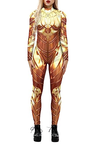 Foksikely Mechanisches 3D-Roboter-Skelett für Damen, Cosplay, Halloween, Kostüm, Overall, Einteiler, Gold, Größe XL von Foksikely