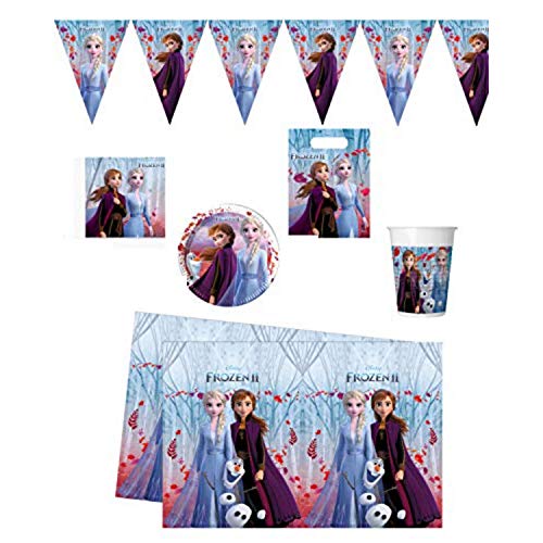 Folat 00262 Partypaket Prinzessin Eiskönigin Elsa Kindergeburtstag Partygeschirr - Teller, Becher, Servietten, Tischdecke, Kleine Tüten und Wimpelkette Prinzessinparty Geburtstag Deko Mädchen von Folat