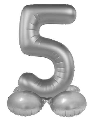 Folat 10595 Luftballon Silber Stehender Folienballon Zahl 5-Moonlight Silver-Satin Gloss-41 cm-Party Deko Ballon für Kinder Geburtstag Jubiläum, kein Helium erforderlich, 41 cm von Folat