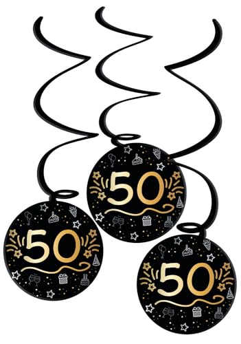 Folat 25063 Party Deko Schwarz Gold Silber-Hängdekoration-50-Shining Glam-3 Stück-Für Geburtstag, Jubiläum, 50 Jahre von Folat