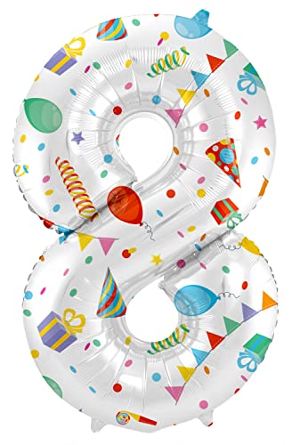 Folat 64178 Luftballon Geburtstag Ziffer 8 Joyful Party Weiß mit Geschenke und Dekoration 86 cm-Helium Decoration Geburtstagdeko, Ballon Zahl, Colourful Folat 64178 Luftballon Geburtstag Ziffer 8 Joyful Party Weiß mit Geschenke und Dekoration 86 cm-Helium Decoration Geburtstagdeko, Ballon Zahl, Colourful von Folat