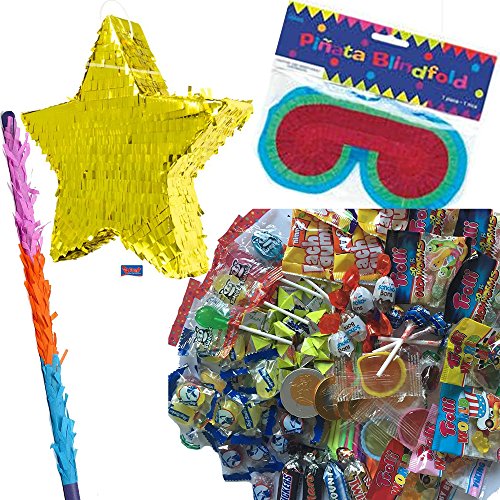 Pinata Set: * STERN * gold mit + Maske + Schläger + 100-teiliger Süßigkeiten-Füllung No.1 von Carpeta© // Handgefertigte spanische Pinata. Tolles Spiel für Kindergeburtstag oder Mottoparty von Folat