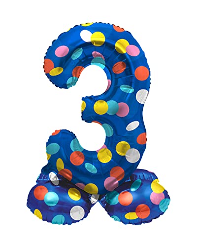 Folat 63973 Luftballon Geburtstag Stehender Ziffer Zahl 3 Colorful Dots Blau mit farbigen Punkten 72 cm - Decoration Geburtstagdeko, Ballon Zahl, Kein Helium erforderlich von Folat