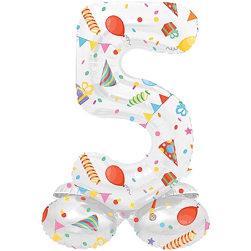 Folat 64765 Luftballon Geburtstag Stehender Ziffer Zahl 5 Joyful Party Weiß mit Geschenke und Dekoration 41 cm - Decoration Geburtstagdeko, Ballon Zahl, Kein Helium erforderlich von Folat