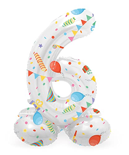 Folat 64766 Luftballon Geburtstag Stehender Ziffer Zahl 6 Joyful Party Weiß mit Geschenke und Dekoration 41 cm - Decoration Geburtstagdeko, Ballon Zahl, Kein Helium erforderlich von Folat