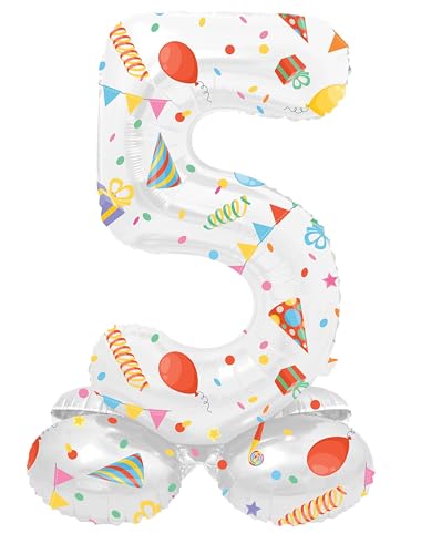 Folat 63965 Luftballon Geburtstag Stehender Ziffer 5 Joyful Party Weiß mit Geschenke und Dekoration 72 cm-Decoration Geburtstagdeko, Ballon Zahl, Kein Helium erforderlich, Bunt von Folat