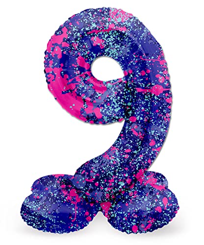 Folat 64779 Luftballon Geburtstag Stehender Ziffer Zahl 9 Paint Splash Lila Weltraum 41 cm - Decoration Geburtstagdeko, Ballon Zahl, Kein Helium erforderlich von Folat