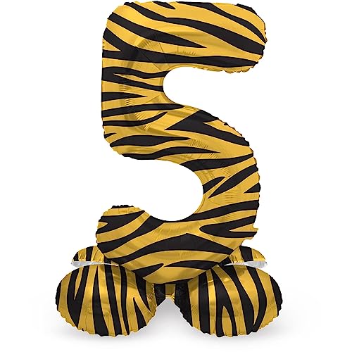 Folat 64755 Luftballon Geburtstag Stehender Ziffer Zahl 5 Tiger Chic Löwe Braun Schwarz 41 cm - Decoration Geburtstagdeko, Ballon Zahl, Kein Helium erforderlich von Folat