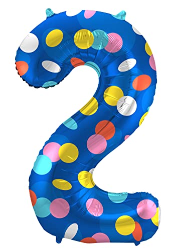 Folat 64182 Luftballon Geburtstag Ziffer Zahl 2 Colorful Dots Blau mit farbigen Punkten 86 cm - Helium Ballon Decoration Geburtstagdeko, Ballon Zahl von Folat