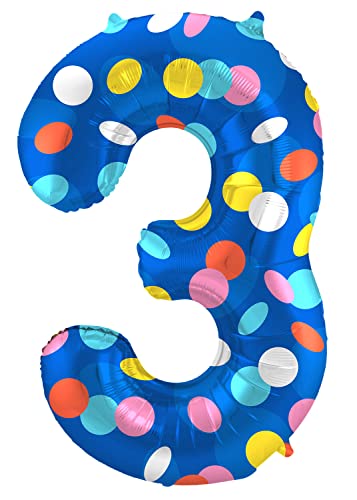 Folat 64183 Luftballon Geburtstag Ziffer 3 Colorful Dots Blau mit farbigen Punkten 86 cm-Helium Decoration Geburtstagdeko, Ballon Zahl, Colourful, cm von Folat