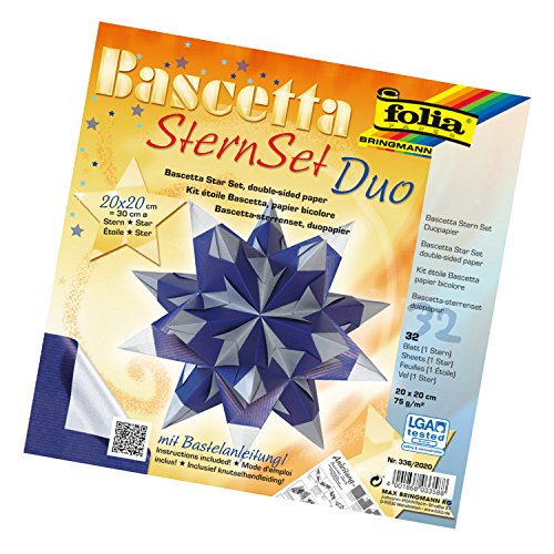 folia 336/2020 - Bastelset Bascetta Stern Duo blau/silber, 32 Blatt, 20 x 20 cm, fertige Größe des Papiersterns ca. 30 cm, mit ausführlicher Anleitung - ideal zur zeitlosen Dekoration von folia