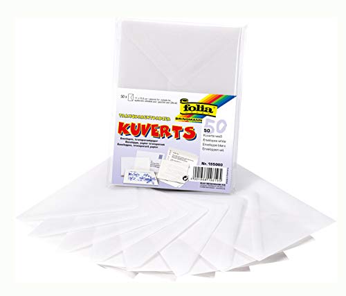 folia 195000 - Briefumschläge, 50 Kuverts aus Transparentpapier, weiß, ca. 11 x 15,5 cm, 115 g/m², passend für DIN A6 Karten, ideal als Briefumschlag bei Glückwünschen, Einladungen und Gutscheinen von folia