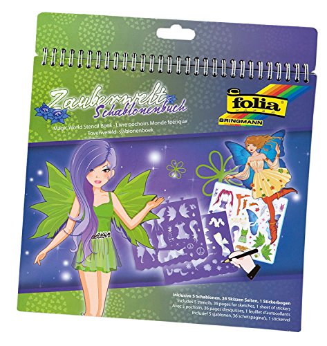 folia 41201 - Schablonenbuch Zauberwelt, Block mit 36 Malvorlagen, 5 Schablonen und 1 Stickerbögen - ideal für Mädchen von folia
