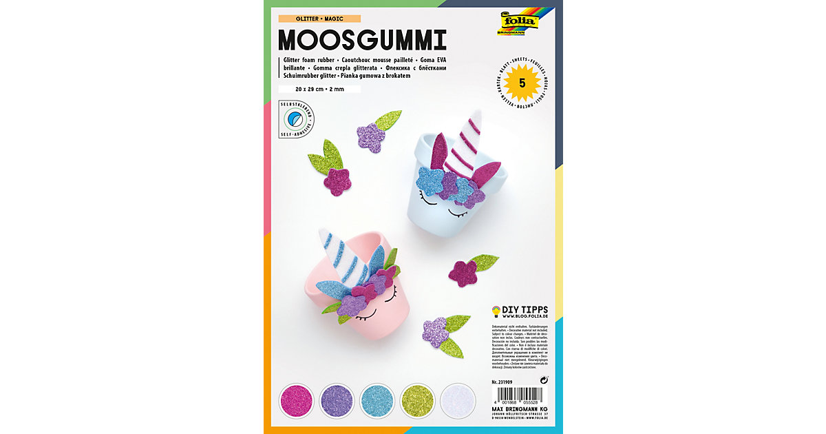 Glitter-Moosgummi selbstklebend Pastell, 5 Bogen in 5 Farben von folia