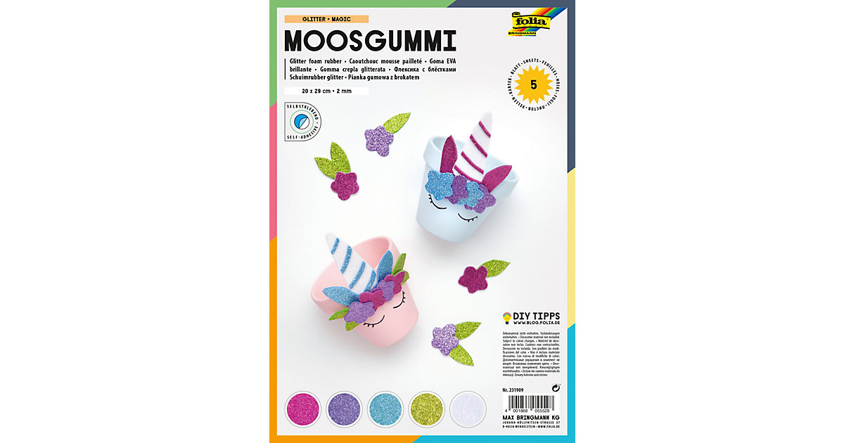 Glitter-Moosgummi selbstklebend Pastell, 5 Bogen in 5 Farben Glitter-Moosgummi selbstklebend Pastell, 5 Bogen in 5 Farben von folia