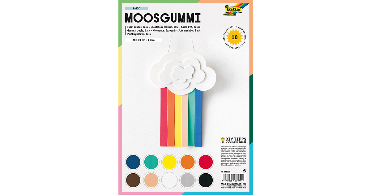 Moosgummi, 10 Blatt farbig sortiert von folia