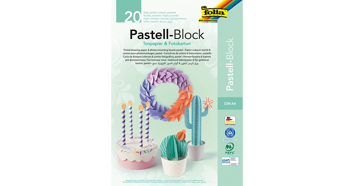 Tonpapier und Fotokarton Block Pastellfarben A4, 20 Blatt in 15 Farben von folia