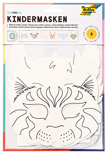 folia 23209 - Kindermasken Tiere aus Pappe, Motive sortiert, 6 Stück, weiß, zum selbst Bemalen und Gestalten, für Kinder, Jungen und Mädchen, ideal für Kindergeburtstage und Partys von folia