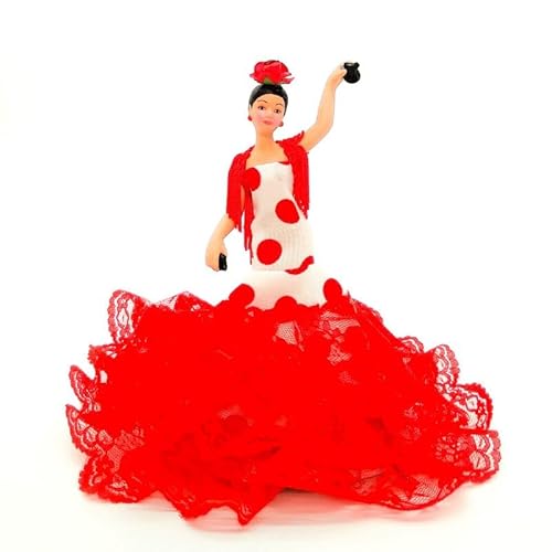 Folk Artesanía Gala Porzellanpuppe 18 cm. Andalusisches Flamenco-Regionalkleid mit Blume España Dolls. (Weißes Kleid mit roten Tupfen) von Folk Artesanía