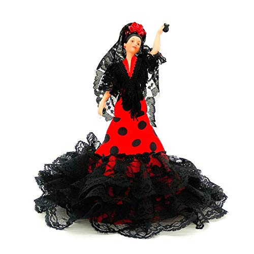 Folk Artesanía Gala Porzellanpuppe 28 cm. Andalusisches Flamenco-Regionalkleid mit Blume España. (Rotes Kleid mit schwarzen Tupfen) von Folk Artesanía