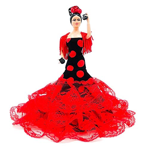 Folk Artesanía Sammelpuppe 19 cm. Andalusisches Flamenco-Regionalkleid mit Blume España. (Schwarzes Kleid mit roten Tupfen) von Folk Artesanía