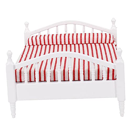 Folpus 1:12 Puppenhaus Miniatur Möbel Bett Nachttisch Schlafzimmer DIY ACCS, Rot-Weiß Gestreiftes Doppelbett Folpus 1:12 Puppenhaus Miniatur Möbel Bett Nachttisch Schlafzimmer DIY ACCS, Rot-Weiß Gestreiftes Doppelbett von Folpus