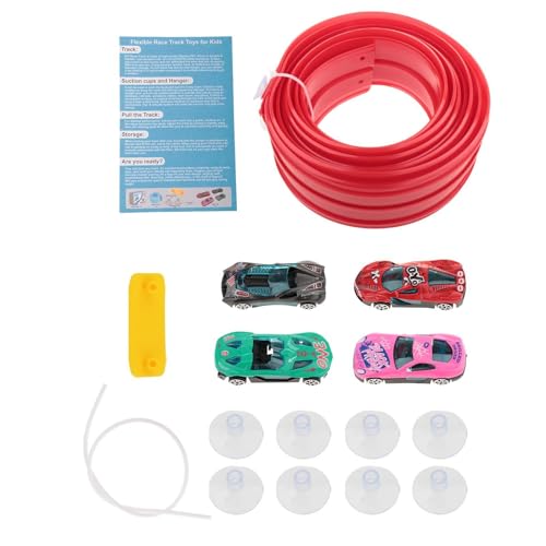 Folpus 4,5 m Flexibles Autorampen-Schienenset mit 4 Legierungsautos, Starke Saugnäpfe, Kinderspielzeug, Rot von Folpus