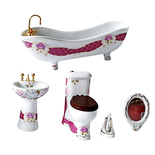 Folpus 5-teiliges Puppenhaus Badezimmer-Ensemble im Maßstab 1:12, DIY Dekorationsset, Miniaturmöbel für Bad und WC, Weiß von Folpus