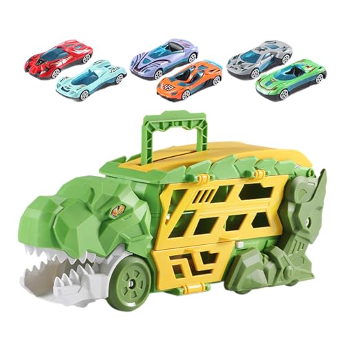 Folpus Dinosaurier-Transporter-LKW, Dinosaurier-Auto-Fahrzeuge, Spielset, lustiges pädagogisches Spielzeugset für Kinder, Geburtstagsgeschenk, Alter 3 Jahre, grün mit 6 Autos von Folpus