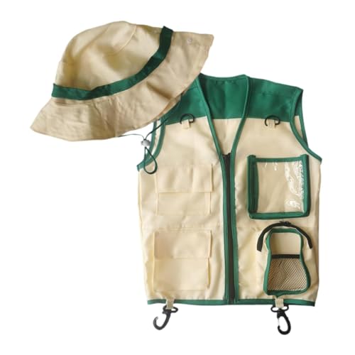 Folpus Entdeckerweste und -mütze für, Cargoweste und -mütze, Abenteuer im Hinterhof, Outdoor-Entdeckerset für Park, Wandern, Zoowärter, GrÜn von Folpus