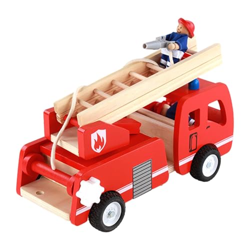 Folpus Holz-Feuerwehrauto-Spielzeug, drehbare Leiter mit Spielfigur, Feuerwehrauto-Leiter, Fahrzeugspielzeug von Folpus