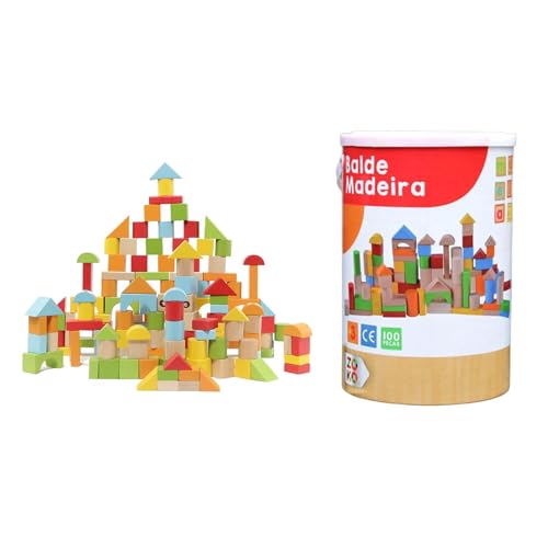 Folpus Holzbaukasten mit 100 Blöcken, Konstruktionsspielzeugset mit Trageeimer Formen für Kinder ab 3 Jahren von Folpus