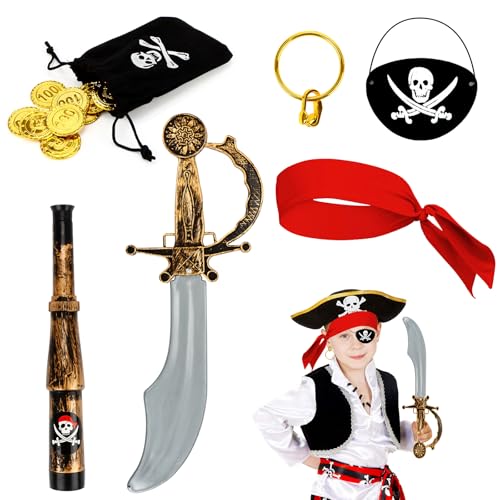 7 Stück Piratenkostüm Kinder Piraten Kostüm Zubehör Set mit Augenklappe, Kopftuch, Pschwert, Ohrringe, Geldbeutel, Goldmünzen und Fernglas Geeignet für Jungen Mädchen Karneval Halloween Pirate Cosplay von Fonyet
