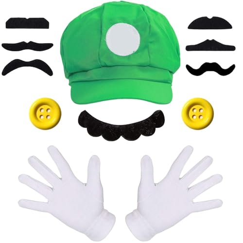 Fonyiunce Mario Kostüm Zubehör, Erwachsene Karneval Kostüm Mütze Hut Handschuhe Bart Gelbe Knöpfe, Luigi Bros Cosplay mit Mütze Hose Bart Handschuhe, für Kinder Damen Herren (green) von Fonyiunce