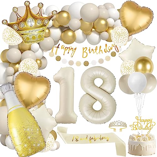 Foonii Deko 18. Geburtstag Mädchen,18 Geburtstag Deko Sandweiß Gold Luftballons Happy Birthday Banner 18 Geburtstagdeko Luftballons für Mädchen Junge 18. Geburtstag Dekorationen von Foonii