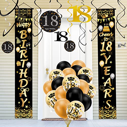 18. Geburtstag Deko, FOONII 18. Geburtstag Deko Spiralen Set Happy Birthday Banner, 18. Geburtstag Hintergrund Banner Spiralhänger und Luftballons（Schwarz Gold） von Foonii