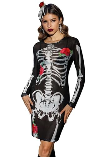 Damen Halloween Schwarz Spitze Spinnennetz Cape Kostüm, Skelett & Rose, X-Large von For G and PL