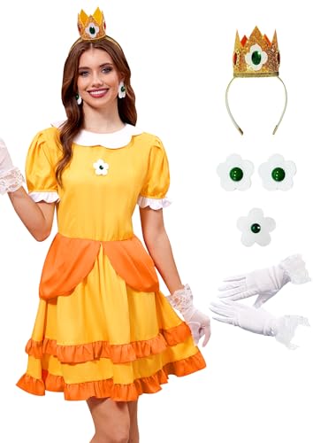 For G and PL 5-teiliges Prinzessinnen-Kostüm für Damen, Puffärmel, Midi-Outfit für Hallowen, gelb, M von For G and PL