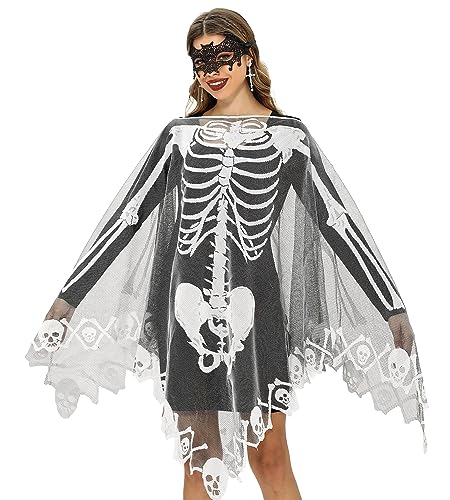 For G and PL Damen Halloween Spinnennetz Umhang Kostüm mit Augenmaske Abendkleid Langarm für Party Weiß von For G and PL