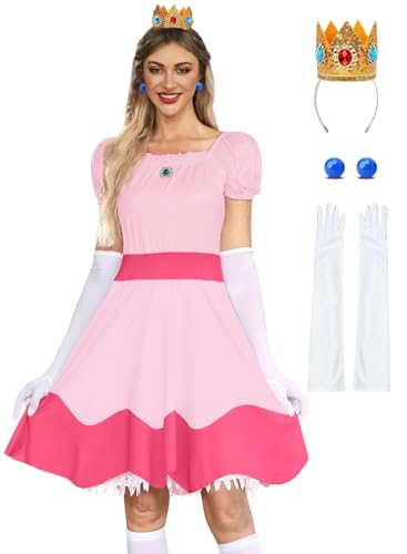 For G and PL Damen-Kostüm, rosa Prinzessinnen-Kostüm, Puffärmel, Spitzenkleid mit Handschuh, Krone, Ohrringe, 4-teilig, Rosa glänzende Prinzessin, X-Large von For G and PL