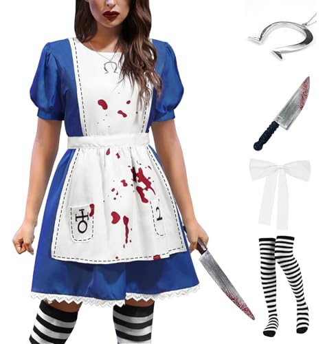 For G and PL Halloween Aliec gruseliges kurzärmeliges Cosplay-Mädchenkleid, Schürze, einteilig, blutig, Erwachsene, gruseliges Puppenkostüm, Blau, Größe XS For G and PL Halloween Aliec gruseliges kurzärmeliges Cosplay-Mädchenkleid, Schürze, einteilig, blutig, Erwachsene, gruseliges Puppenkostüm, Blau, Größe XS von For G and PL