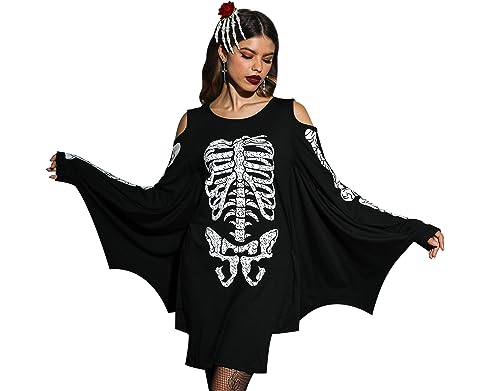 For G and PL Halloween Damen Fledermaus Kostüm Schwarz-Weiß Midikleid Kalte Schulter Cosplay Kleid Skelett XL von For G and PL