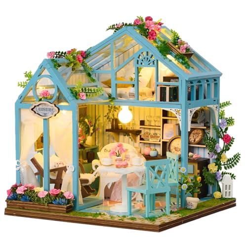 DIY Miniatur Haus Puppenhaus Gewächshaus mit Licht, Miniatur Haus Kit für Erwachsene, Wooden Dollhouse Construction Kit, Bastelset Haus Modellbausätz zum Selber Bauen, Geschenk für Frauen und Männer von Foreverup